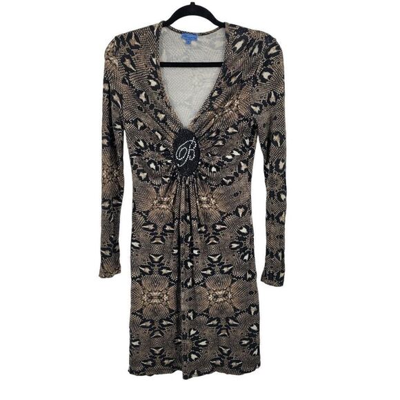 Vintage 90s Bluemarine Bodycon Dress M Brown Plunging V Logo Ruched Snake Italy - Picture 10 of 10